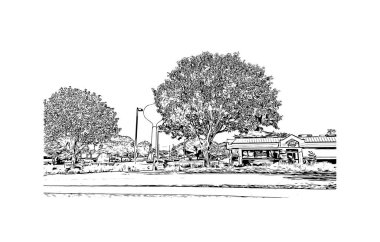 Meridian 'ın simgesi olan Print Building View Mississippi' de bulunmaktadır. Vektörde elle çizilmiş çizim çizimi. 