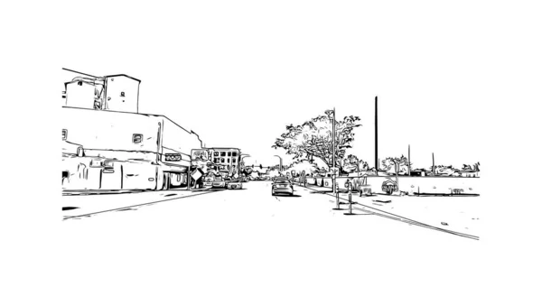 Vytisknout Pohled Budovu Orientačním Bodem Meridianu Město Mississippi Ručně Kreslená — Stockový vektor