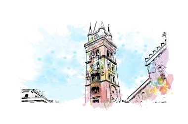 Messina 'nın simgesi olan Print Building view İtalya' da yer almaktadır. Vektörde elle çizilmiş resim ile suluboya sıçraması.