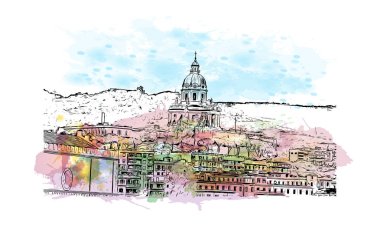 Messina 'nın simgesi olan Print Building view İtalya' da yer almaktadır. Vektörde elle çizilmiş resim ile suluboya sıçraması.