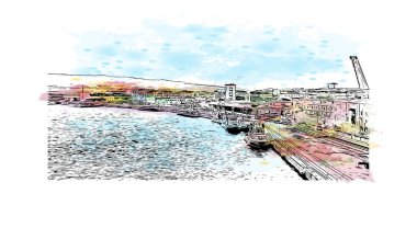 Messina 'nın simgesi olan Print Building view İtalya' da yer almaktadır. Vektörde elle çizilmiş resim ile suluboya sıçraması.