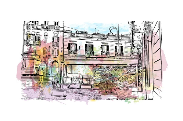 Print Building View Landmark Messina City Italy Watercolor Splash Hand — Stock Vector