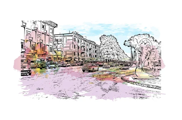 메시나의 랜드마크가 전망은 이탈리아의 도시이다 벡터에 손으로 스케치 수채화 물보라 — 스톡 벡터