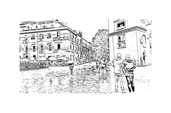 带有梅西纳地标的印刷建筑景观是意大利的城市 矢量手绘草图 — 图库矢量图片