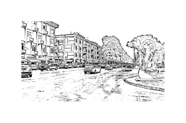 印刷メッシーナのランドマークとビルの景色はイタリアの街です 手描きのスケッチ図ベクトル — ストックベクタ