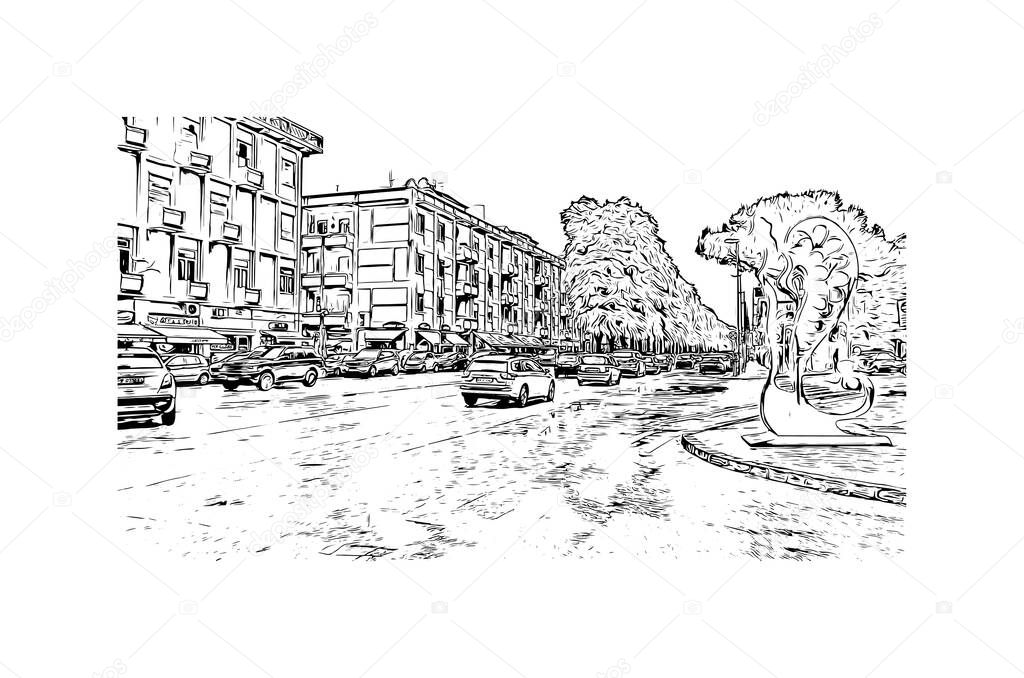Print Building view with landmark of Messina is the city in Italy. Hand drawn sketch illustration in vector.