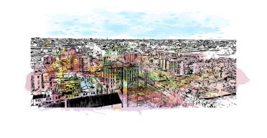 Print Building view with landmark of Master İtalya 'nın en kalabalık ilçesidir. Vektörde elle çizilmiş resim ile suluboya sıçraması.