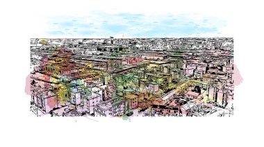 Print Building view with landmark of Master İtalya 'nın en kalabalık ilçesidir. Vektörde elle çizilmiş resim ile suluboya sıçraması.