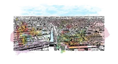 Print Building view with landmark of Master İtalya 'nın en kalabalık ilçesidir. Vektörde elle çizilmiş resim ile suluboya sıçraması.