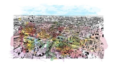 Print Building view with landmark of Master İtalya 'nın en kalabalık ilçesidir. Vektörde elle çizilmiş resim ile suluboya sıçraması.