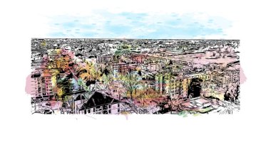 Print Building view with landmark of Master İtalya 'nın en kalabalık ilçesidir. Vektörde elle çizilmiş resim ile suluboya sıçraması.