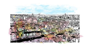 Print Building view with landmark of Master İtalya 'nın en kalabalık ilçesidir. Vektörde elle çizilmiş resim ile suluboya sıçraması.