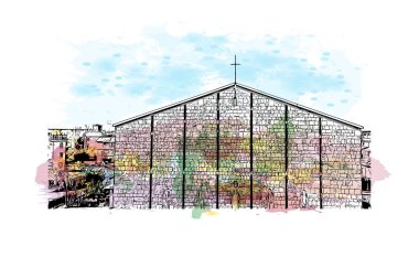 Print Building view with landmark of Master İtalya 'nın en kalabalık ilçesidir. Vektörde elle çizilmiş resim ile suluboya sıçraması.