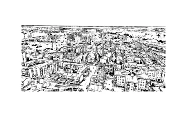 具有梅斯特雷地标的印刷建筑景观是意大利人口最多的区域 矢量手绘草图 — 图库矢量图片