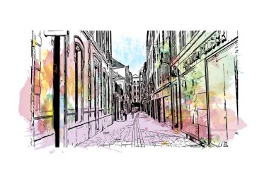 Metz 'in simgesi olan Print Building View Fransa' da şehir. Vektörde elle çizilmiş resim ile suluboya sıçraması.