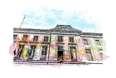 Metz 'in simgesi olan Print Building View Fransa' da şehir. Vektörde elle çizilmiş resim ile suluboya sıçraması.