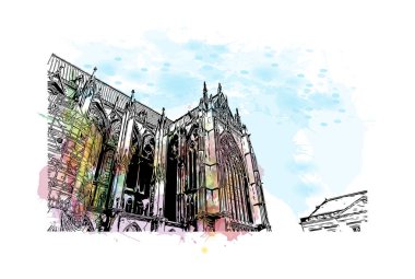 Metz 'in simgesi olan Print Building View Fransa' da şehir. Vektörde elle çizilmiş resim ile suluboya sıçraması.