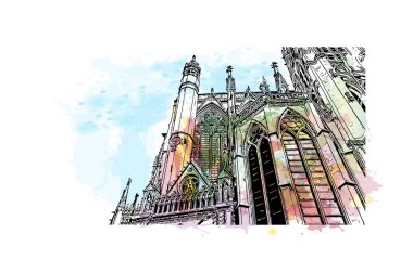 Metz 'in simgesi olan Print Building View Fransa' da şehir. Vektörde elle çizilmiş resim ile suluboya sıçraması.