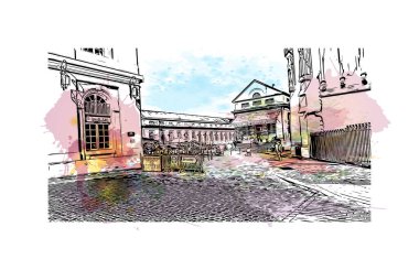 Metz 'in simgesi olan Print Building View Fransa' da şehir. Vektörde elle çizilmiş resim ile suluboya sıçraması.