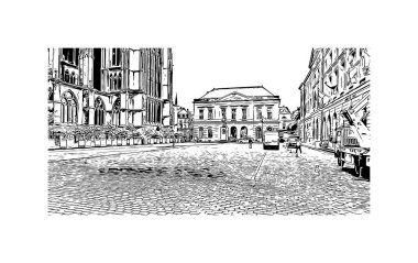 Metz 'in simgesi olan Print Building View Fransa' da şehir. Vektörde elle çizilmiş çizim çizimi.