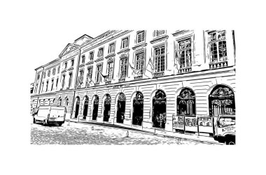 Metz 'in simgesi olan Print Building View Fransa' da şehir. Vektörde elle çizilmiş çizim çizimi.