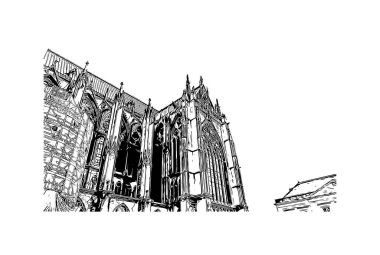 Metz 'in simgesi olan Print Building View Fransa' da şehir. Vektörde elle çizilmiş çizim çizimi.