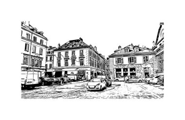 Metz 'in simgesi olan Print Building View Fransa' da şehir. Vektörde elle çizilmiş çizim çizimi.