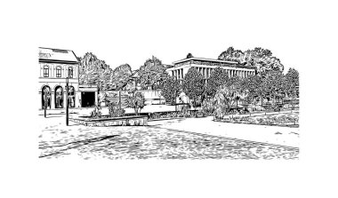 Metz 'in simgesi olan Print Building View Fransa' da şehir. Vektörde elle çizilmiş çizim çizimi.