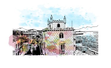 Print Building view, Cape Verde 'de bir liman kentidir. Vektörde elle çizilmiş resim ile suluboya sıçraması.