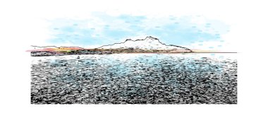 Print Building view, Cape Verde 'de bir liman kentidir. Vektörde elle çizilmiş resim ile suluboya sıçraması.