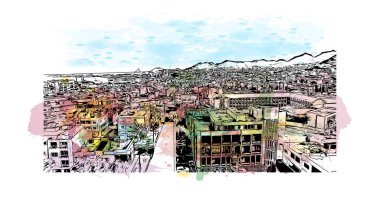 Print Building view, Cape Verde 'de bir liman kentidir. Vektörde elle çizilmiş resim ile suluboya sıçraması.