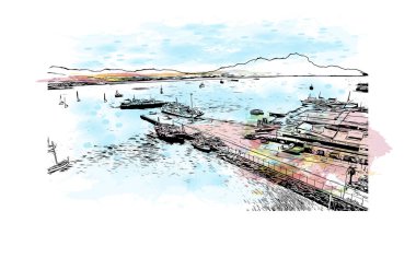 Print Building view, Cape Verde 'de bir liman kentidir. Vektörde elle çizilmiş resim ile suluboya sıçraması.