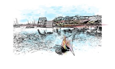 Print Building view, Cape Verde 'de bir liman kentidir. Vektörde elle çizilmiş resim ile suluboya sıçraması.