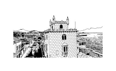 Print Building view, Cape Verde 'de bir liman kentidir. Vektörde elle çizilmiş çizim çizimi.