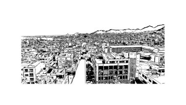 Print Building view, Cape Verde 'de bir liman kentidir. Vektörde elle çizilmiş çizim çizimi.