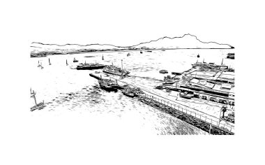Print Building view, Cape Verde 'de bir liman kentidir. Vektörde elle çizilmiş çizim çizimi.