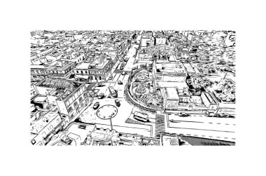 Print Building view, Cape Verde 'de bir liman kentidir. Vektörde elle çizilmiş çizim çizimi.