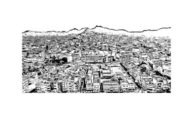 Print Building view, Cape Verde 'de bir liman kentidir. Vektörde elle çizilmiş çizim çizimi.