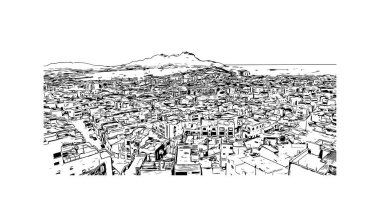 Print Building view, Cape Verde 'de bir liman kentidir. Vektörde elle çizilmiş çizim çizimi.