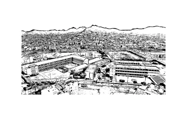 Print Building view, Cape Verde 'de bir liman kentidir. Vektörde elle çizilmiş çizim çizimi.