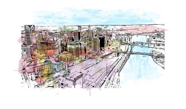 Minnesota, Minnesota 'da yer alan bir şehirdir. Vektörde elle çizilmiş resim ile suluboya sıçraması.