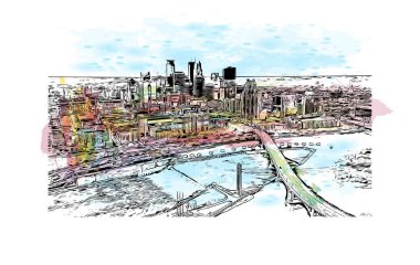 Minnesota, Minnesota 'da yer alan bir şehirdir. Vektörde elle çizilmiş resim ile suluboya sıçraması.