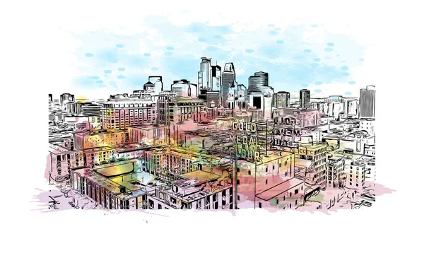 明尼阿波利斯的标志性建筑是明尼苏达州的一个城市 矢量手绘示意图水彩画 — 图库矢量图片