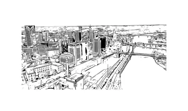 ミネアポリスのランドマークと印刷建物のビューは ミネソタ州の都市です 手描きのスケッチ図ベクトル — ストックベクタ