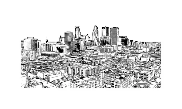 ミネアポリスのランドマークと印刷建物のビューは ミネソタ州の都市です 手描きのスケッチ図ベクトル — ストックベクタ