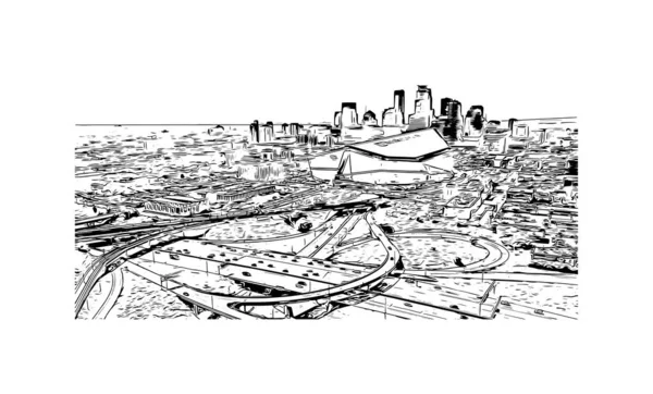 Print Building View Landmark Minneapolis Staden Minnesota Handritad Skiss Illustration — Stock vektor