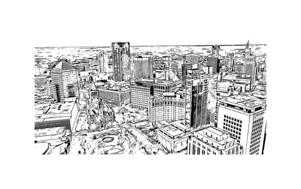 Print Building View Landmark Minneapolis Város Minnesota Kézzel Rajzolt Vázlat — Stock Vector