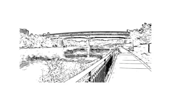 明尼阿波利斯的标志性建筑是明尼苏达州的一个城市 矢量手绘草图 — 图库矢量图片