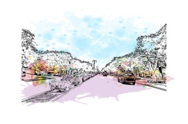 Merida 'nın simgesi olan Print Building View, Meksika' daki bir şehirdir. Vektörde elle çizilmiş resim ile suluboya sıçraması.