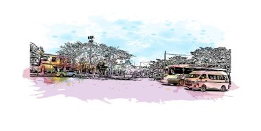 Merida 'nın simgesi olan Print Building View, Meksika' daki bir şehirdir. Vektörde elle çizilmiş resim ile suluboya sıçraması.